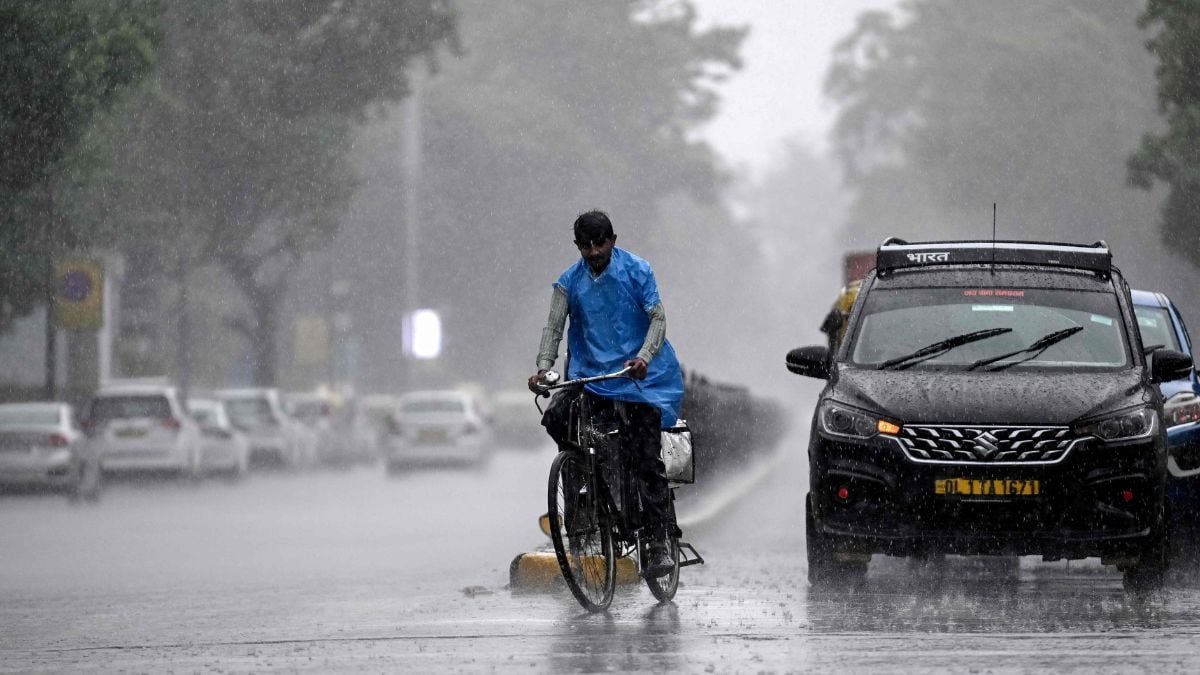 A cyclist rides along a road as it rains in New Delhi on June 4, 2026 | AFP