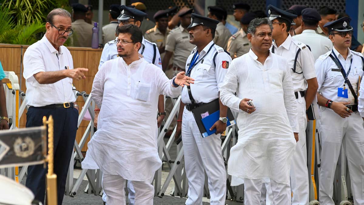 Expelled TMC MLAs Ritabrata Banerjee and Sandipan Saha and TMC MLA Javed Khan leave after attending an administrative meeting conducted by West Bengal Chief Minister Suvendu Adhikari on Wednesday | PTI