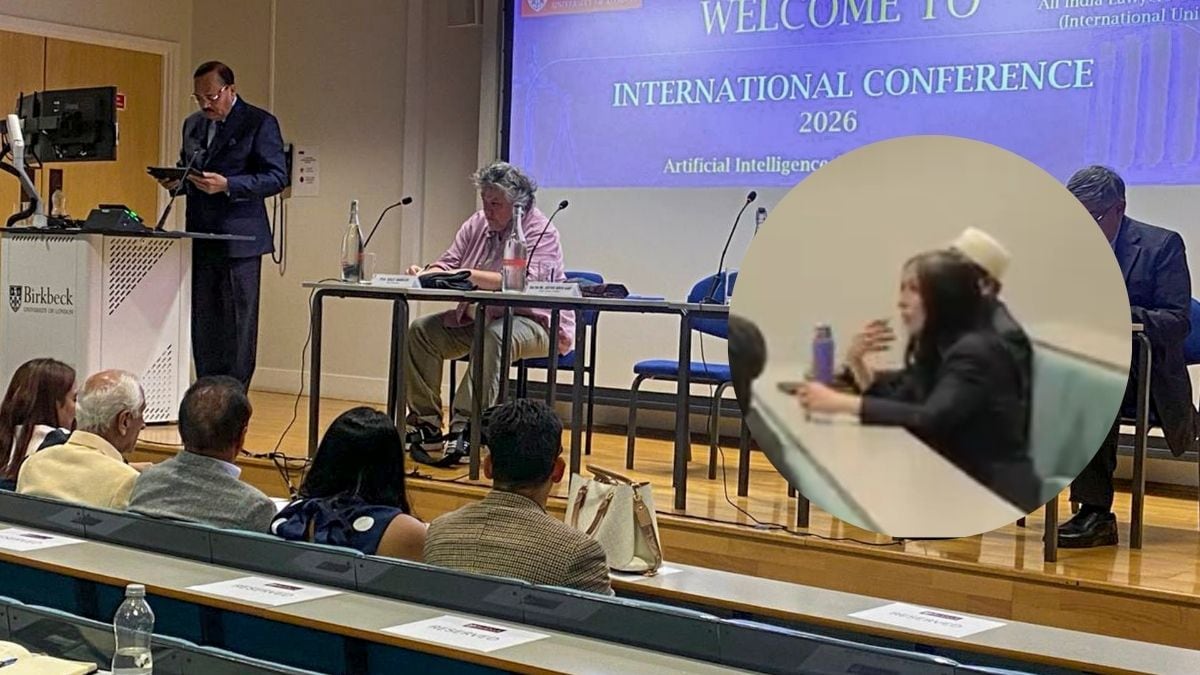 Chief Justice of India Surya Kant speaks at an event on artificial intelligence at Birkbeck, University of London; (inset) The attendee that tried to ask a question on the alleged suppression of dissent in India | X, PTI