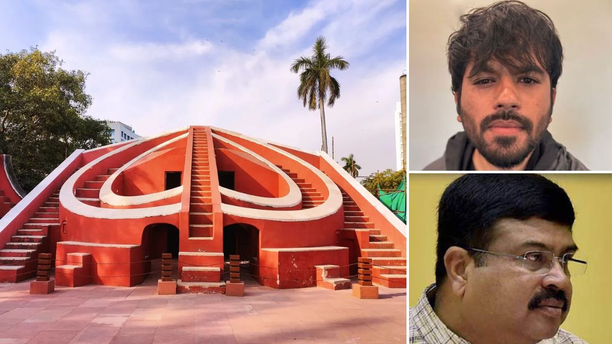 (Clockwise from left) The Jantar Mantar in Delhi, where the June 6 protest is scheduled to take place, Cockroach Janta Party founder Abhijeet Dipke, and Union Education Minister Dharmendra Pradhan | X, PTI