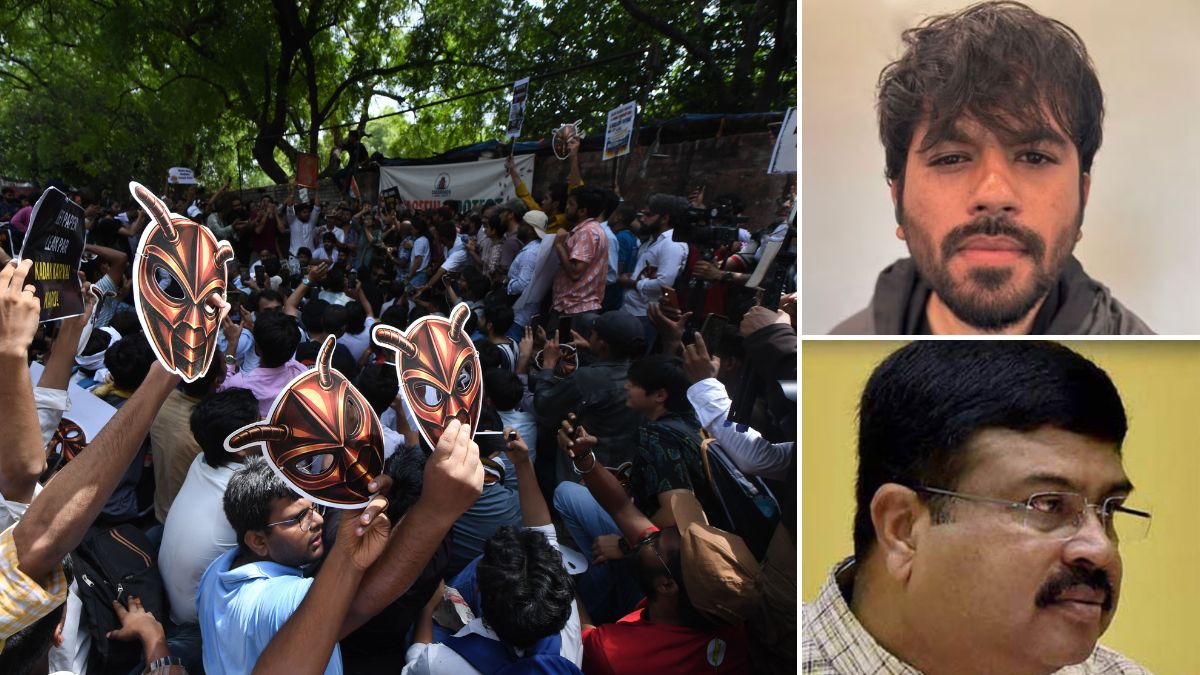 (Clockwise from left) Visuals from the Cockroach Janta Party protest at the Jantar Mantar in Delhi, CJP founder Abhijeet Dipke, and Union Education Minister Dharmendra Pradhan | PTI, Kritajna Naik