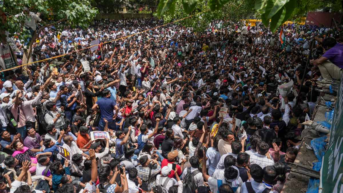 Supporters gather during a protest by Cockroach Janta Party (CJP) demanding the resignation of Union Education Minister Dharmendra Pradhan at the Jantar Mantar | PTI
