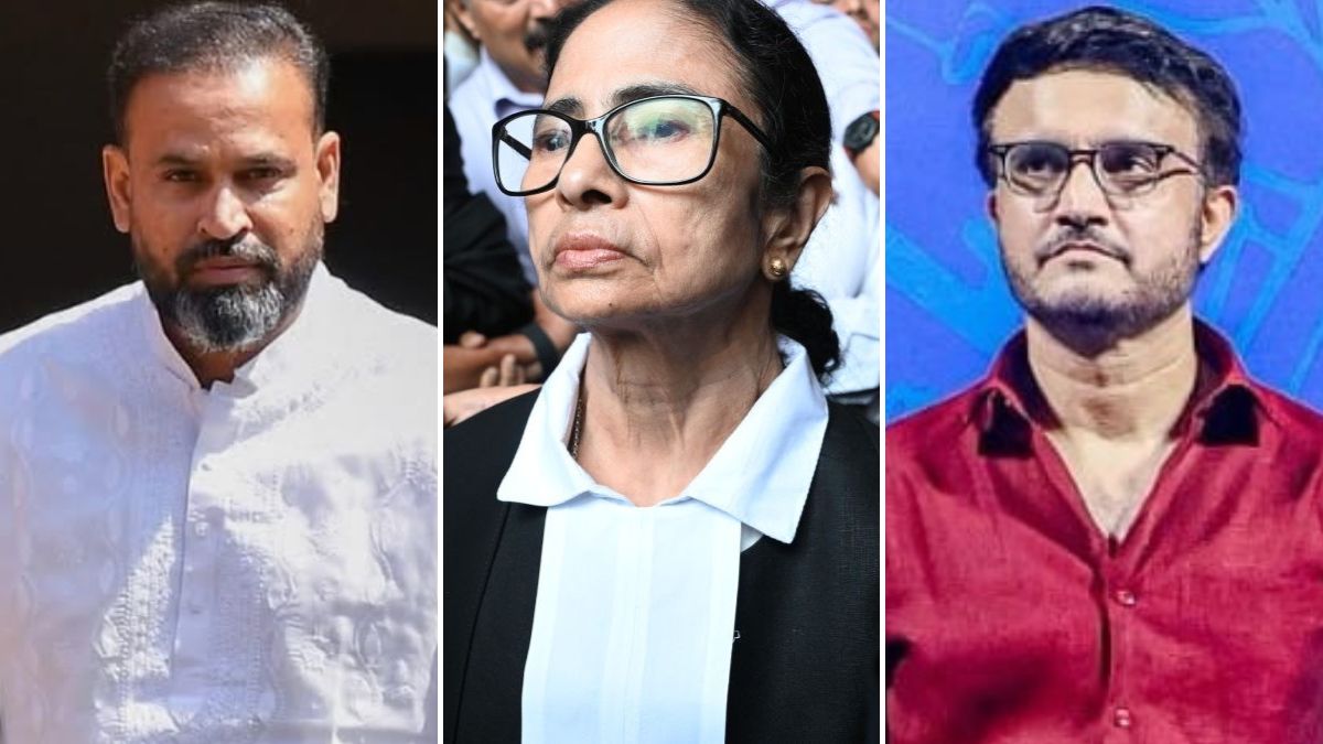 (From left to right) TMC MP and former cricketer Yusuf Pathan, TMC supremo Mamata Banerjee, and former cricketer Sourav Ganguly | Salil Bera, Instagram