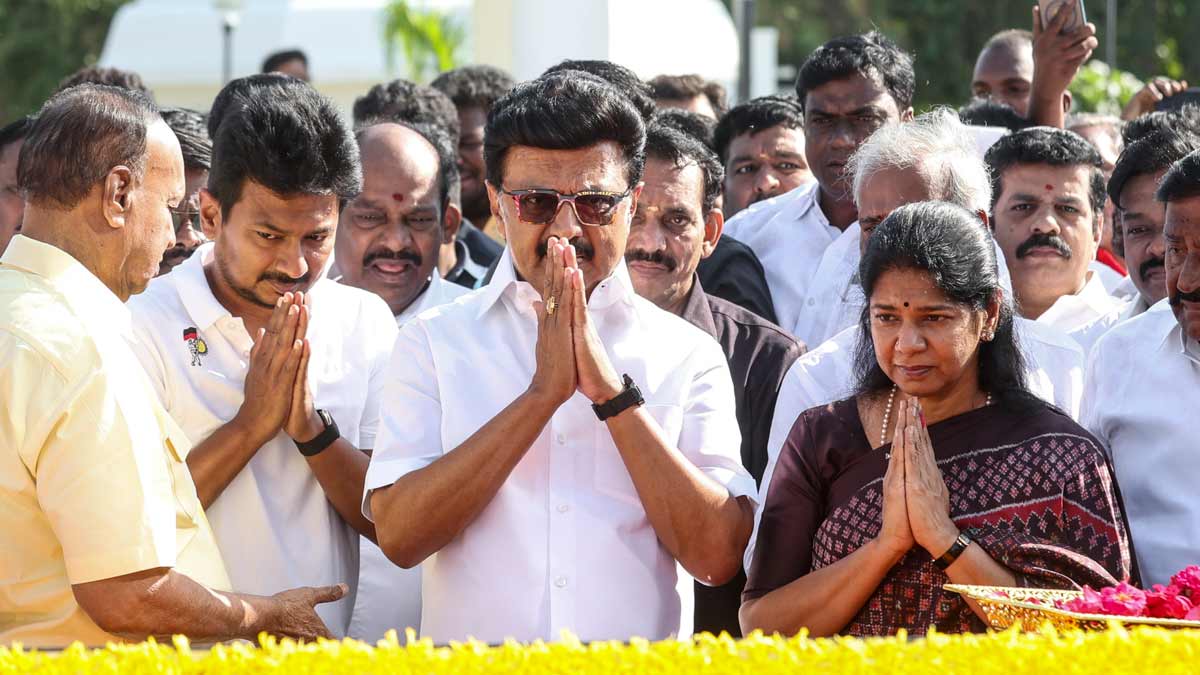 [File] DMK chief and former Tamil Nadu chief minister M.K. Stalin, with party's youth wing Secretary Udhayanidhi Stalin, party MP Kanimozhi Karunanidhi, and other leaders, pays tribute to former Tamil Nadu chief minister M. Karunanidhi on his birth anniversary, in Chennai on June 3 | PTI