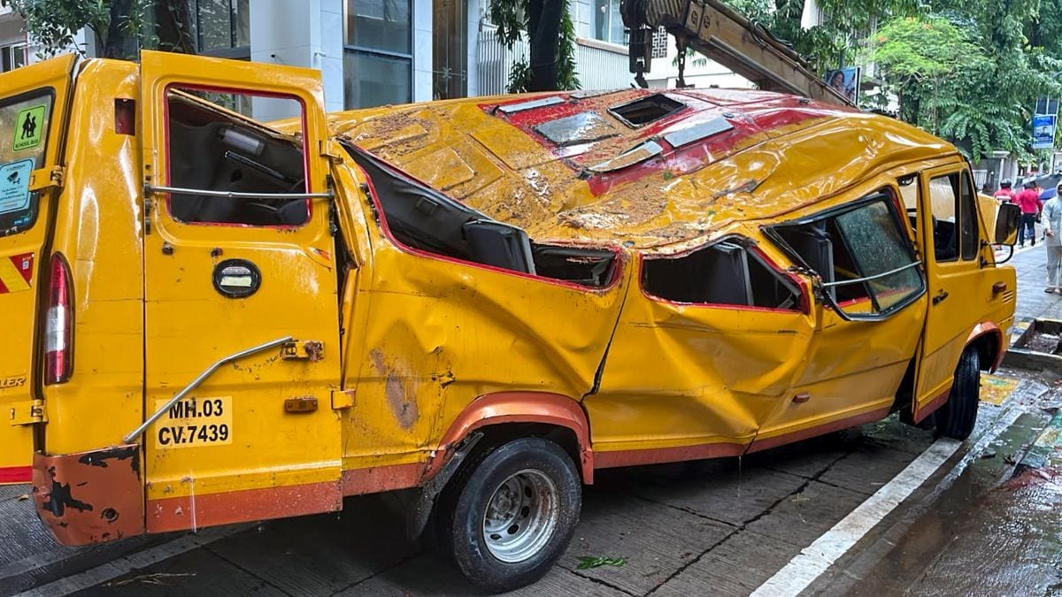 A visual showing the mangled remains of a school bus on which a tree fell on June 30, 2026 | PTI