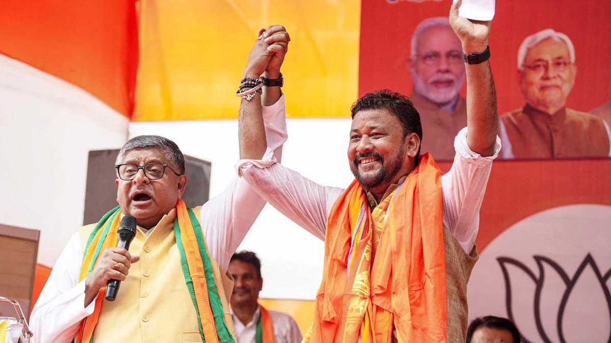 BJP MP Ravi Shankar Prasad with Abhishek Kumar Sinha during an event in Patna after the latter filed his nomination papers for the Bankipur bypoll | PTI