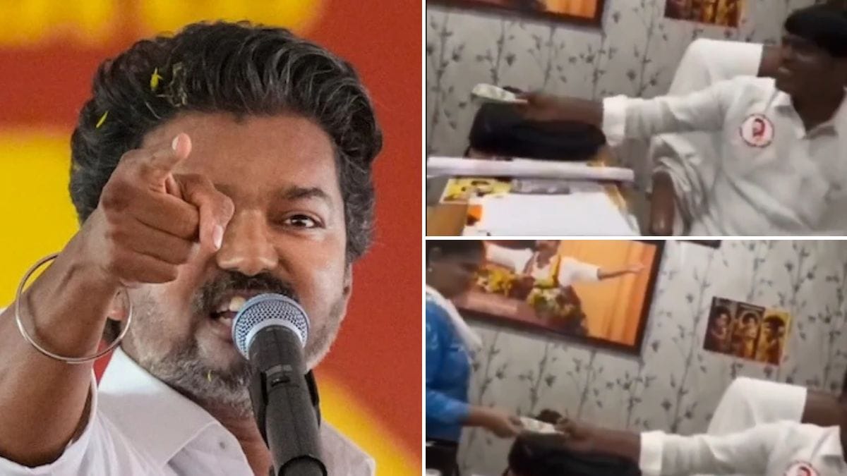 Tamil Nadu CM C. Joseph Vijay (L); Screengrabs from the viral video allegedly showing Mambakkam Panchayat president Veera accepting a 'bribe' (R) | X, PTI