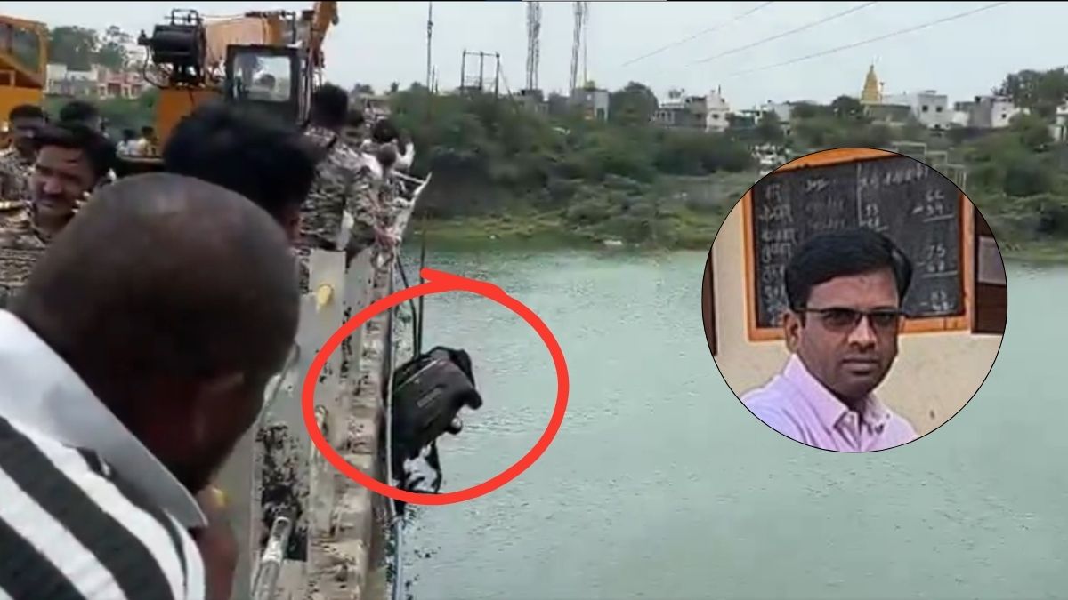 State Disaster Response Force (SDRF) personnel extract the car (encircled) with Sunil More (inset) and his two kids from the Godavari River | X/@airnews_nagpur