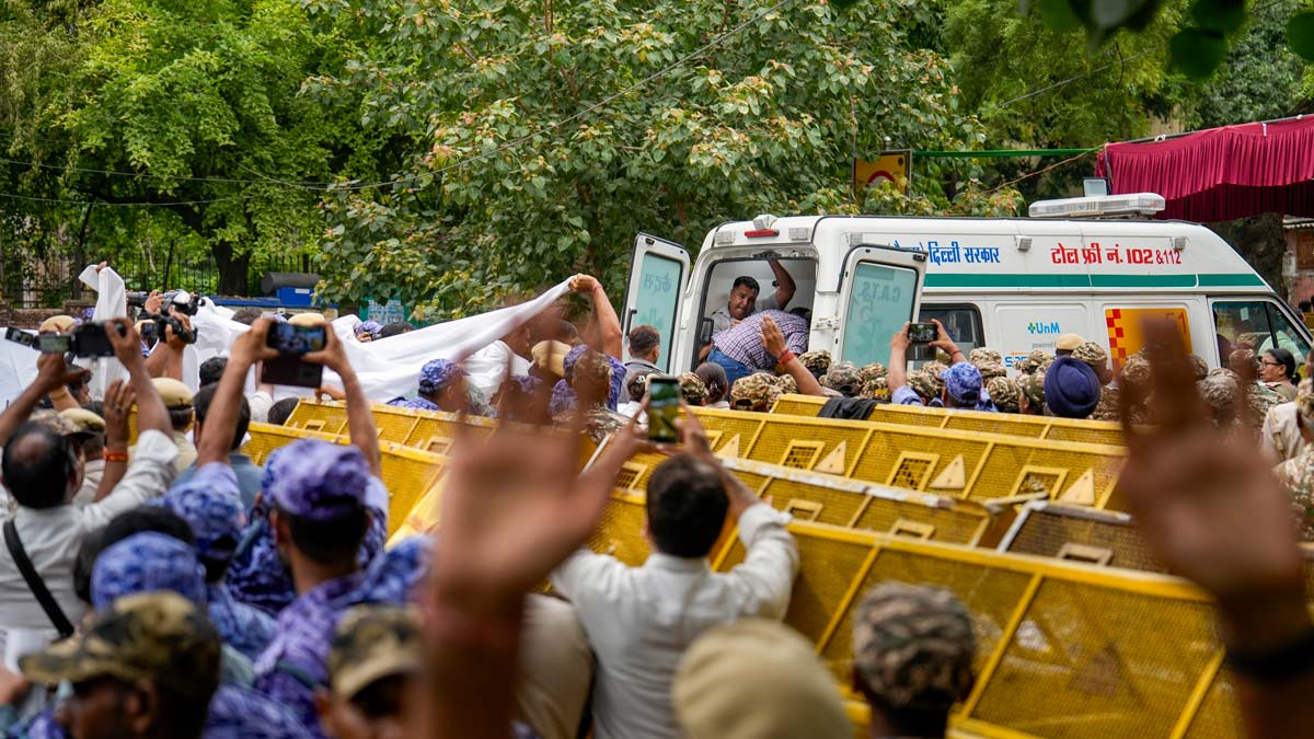 Security personnel stand guard as activist Sonam Wangchuk is shifted to a hospital from Jantar Mantar, in New Delhi | PTI