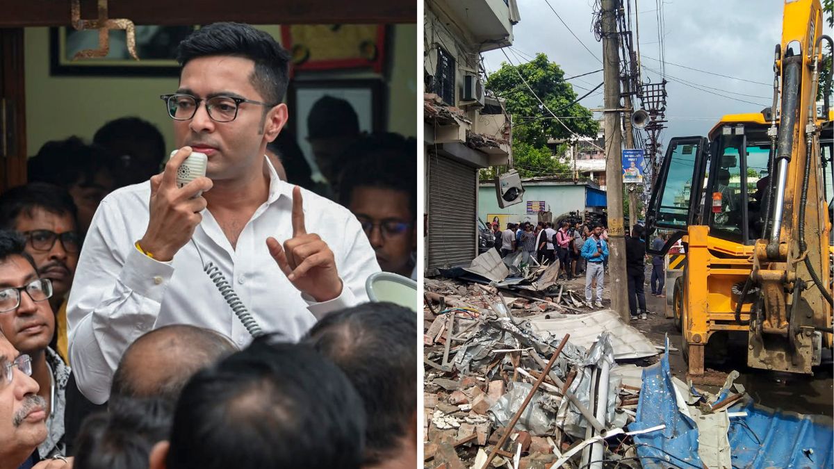 Debris lies scattered beside an excavator amid the demolition of the party office of Trinamool Congress MP Abhishek Banerjee after it was allegedly found to be constructed without an approved building plan and in violation of applicable rules, in Amtala, South 24 Parganas district, West Bengal | PTI