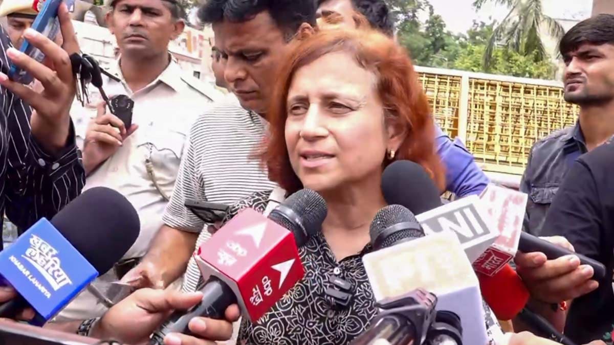 Activist Sonam Wangchuk's wife Geetanjali J. Angmo speaks to the media after he was shifted to Safdarjung Hospital | PTI