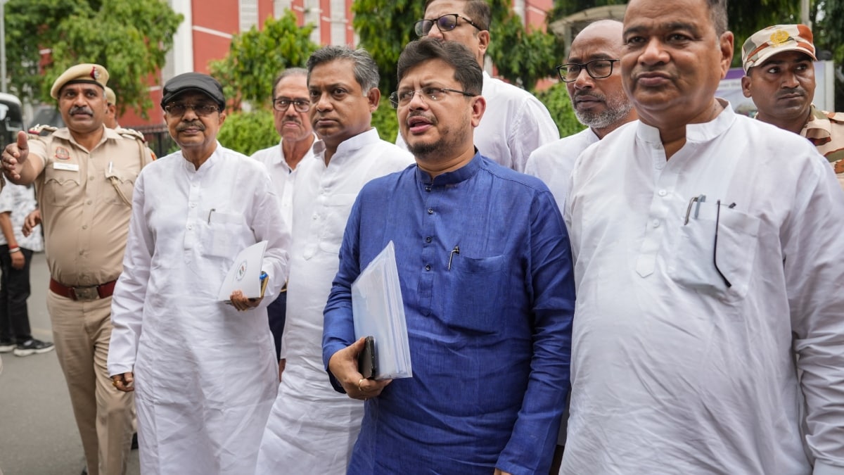 West Bengal Leader of the Opposition Ritabrata Banerjee, second right, outside Nirvachan Sadan after a meeting between a 10-member delegation of a breakaway faction of the All India Trinamool Congress (TMC) and the full bench of the Election Commission of India (ECI) on Thursday | PTI
