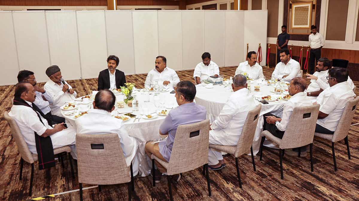Tamil Nadu Chief Minister and Tamilaga Vettri Kazhagam (TVK) chief C. Joseph Vijay, Tamil Nadu Congress Committee president and MP B. Manickam Tagore, senior Congress leader P. Chidambaram, VCK chief Thol Thirumavalavan and others during the TVK's first meeting with alliance partners in Kovalam near Chennai | PTI