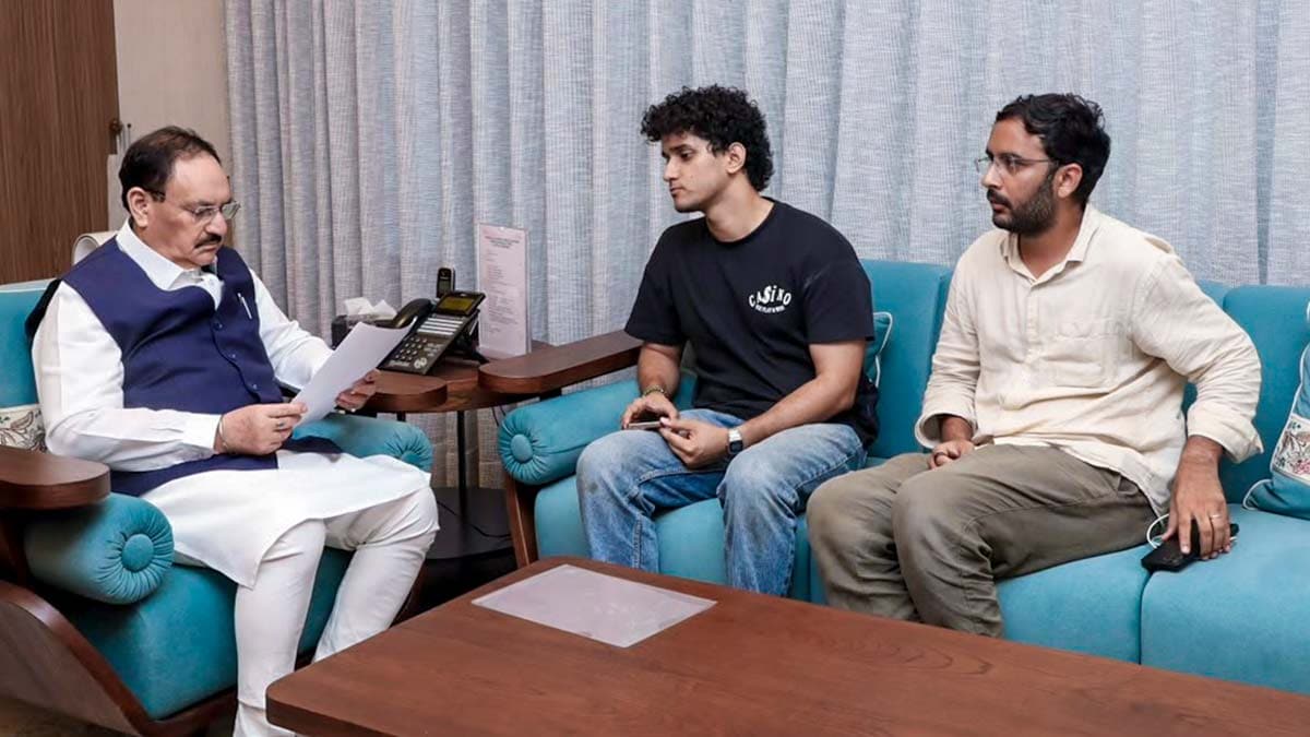 Union Minister JP Nadda, left, meets Cockroach Janta Party (CJP) spokespersons Saurav Das and Ashutosh Ranka | PTI