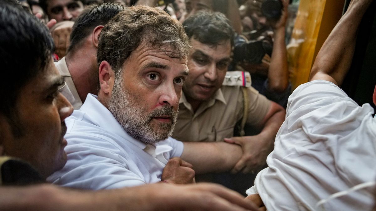 Police personnel detain Leader of Opposition in the Lok Sabha Rahul Gandhi during a sit-in protest near the Prime Minister's residence over alleged irregularities in the NEET examination in New Delhi | PTI