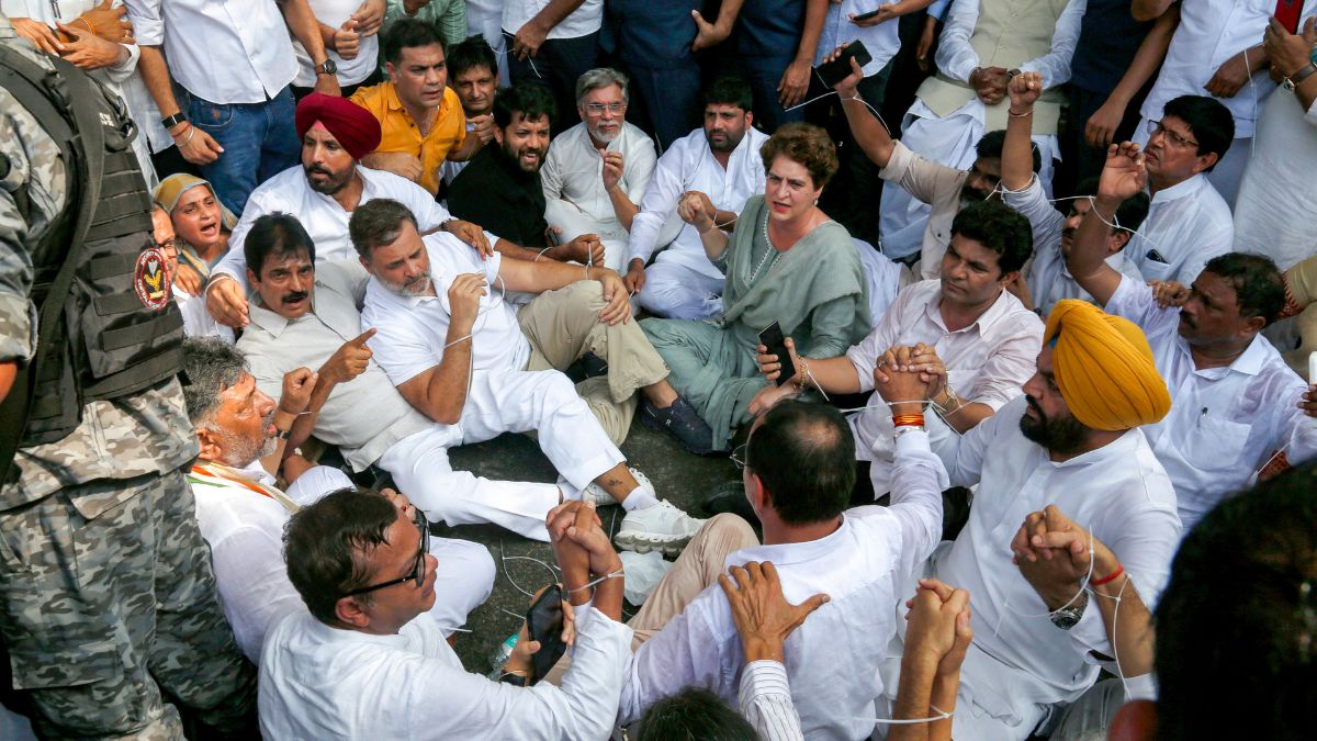 Leader of Opposition in the Lok Sabha Rahul Gandhi with Congress MPs Priyanka Gandhi Vadra, KC Venugopal and others stage a sit-in protest near the Prime Minister's residence over alleged irregularities in the NEET examination | PTI