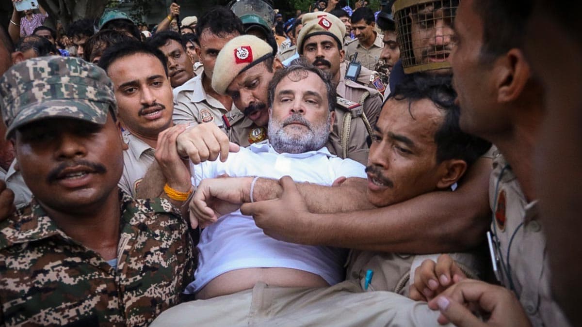 Security personnel detain Leader of Opposition in the Lok Sabha Rahul Gandhi during a sit-in protest near the prime minister's residence | PTI