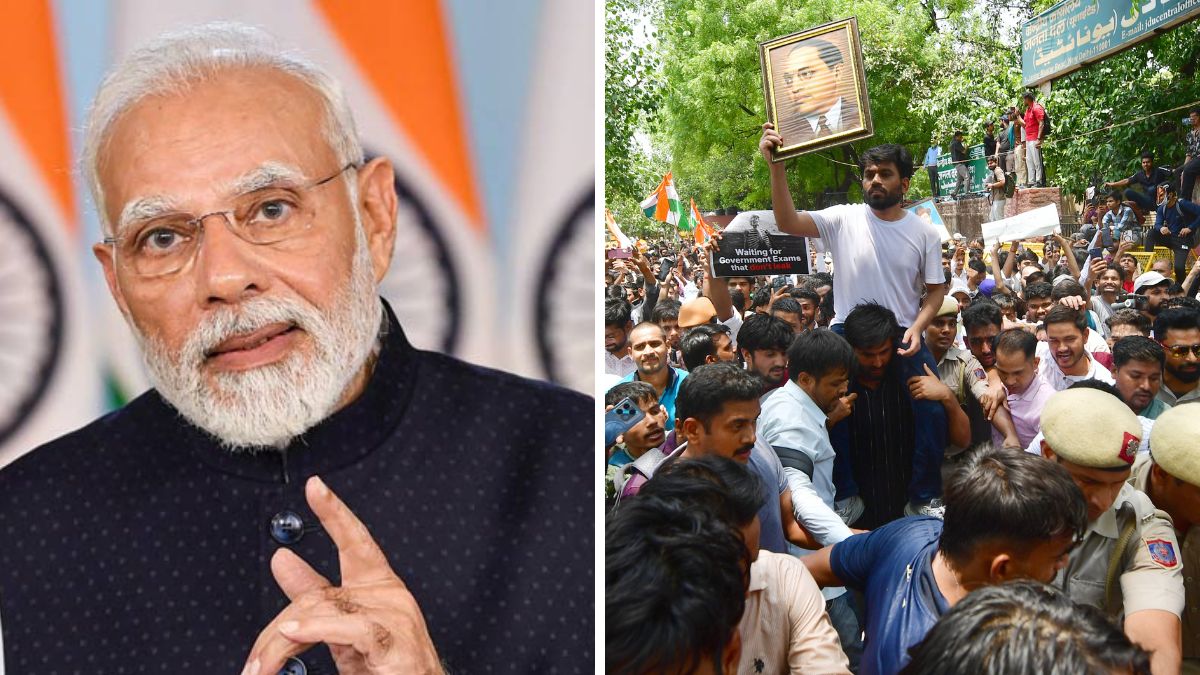 Prime Minister Narendra Modi. (Right) The protests at Jantar Mantar | X 
