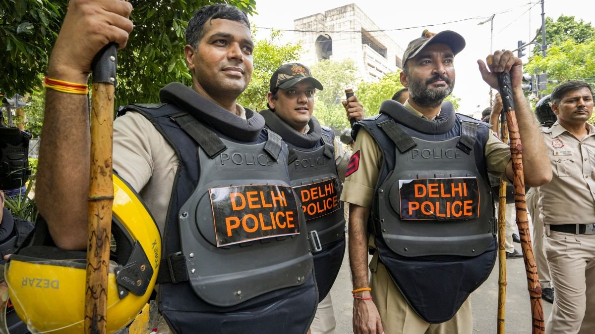 Police personnel in protective gear stand guard at Jantar Mantar during the ongoing protest over the alleged NEET-UG examination irregularities, in New Delhi | PTI