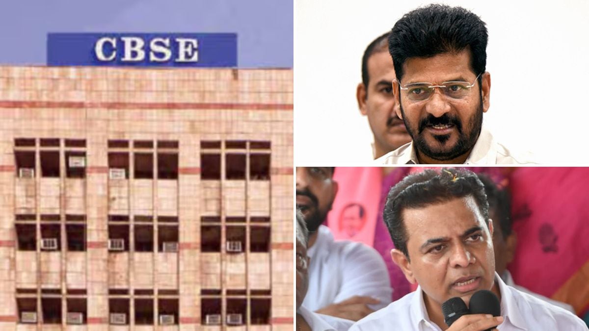 (Clockwise from left) Representative image of the CBSE building, Telangana CM Revanth Reddy, and Bharat Rashtra Samiti (BRS) working president K.T. Rama Rao | X, ANI