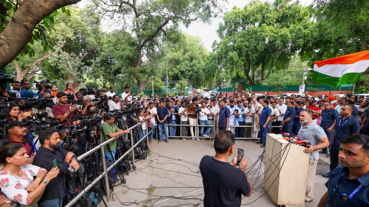 LoP in the Lok Sabha Rahul Gandhi addresses a press conference after Union Education Minister Dharmendra Pradhan resigned and took responsibility for the NEET paper leak, at Janpath, in New Delhi | PTI