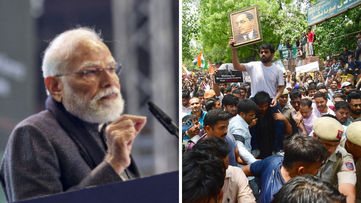 Prime Minister Narendra Modi. (Right) CJP founder Abhijeet Dipke at the students' protest | X 