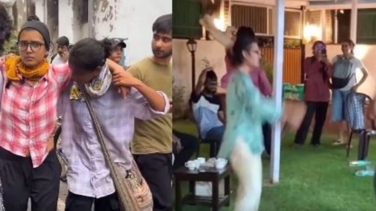 Neha Bora walking with assistance during the hunger strike. (Right) Screengrab of the video showing her dancing after Dharmendra Pradhan's resignation | X 