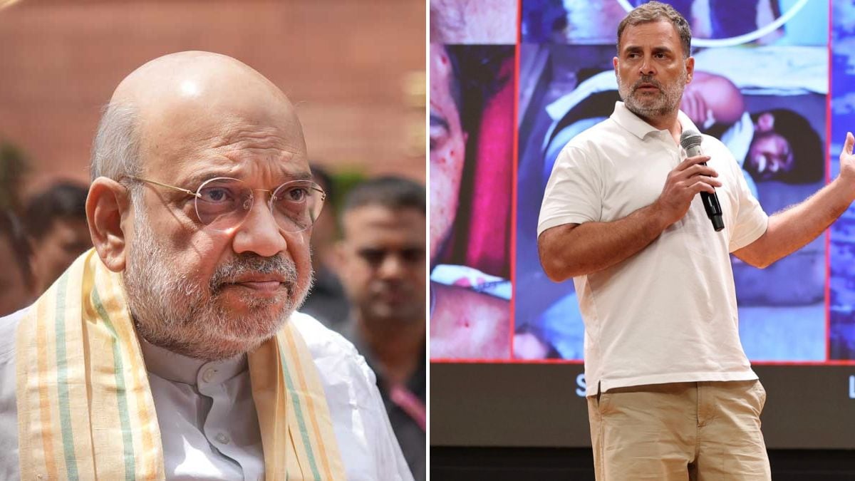 Union Home Minister Amit Shah (L); Congress leader and Lok Sabha Leader of Opposition (LoP) Rahul Gandhi (R) at a press conference showing victims of pellet gun violence during the July 20 CJP-led protests in Delhi | PTI, X