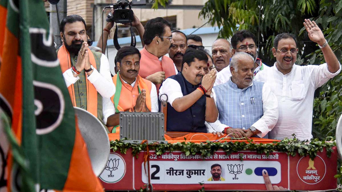 Bihar Chief Minister Samrat Choudhary, BJP president Nitin Nabin and others during a roadshow in support of the party candidate Neeraj Kumar Sinha ahead of the Bankipur Assembly by-poll, in Patna | PTI