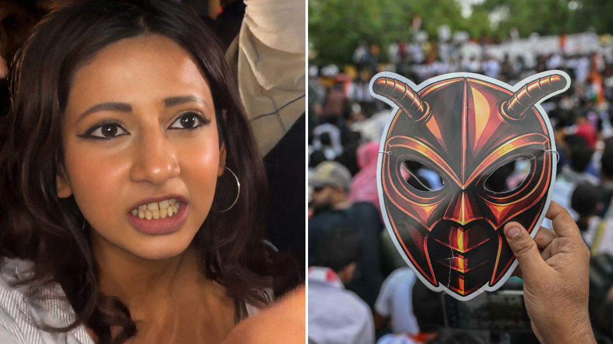 25-year-old Ruchika Singh, who allegedly used abusive language against the PM in a viral video (L); A representative image of a Cockroach Janta Party (CJP) protest at Jantar Mantar (R)