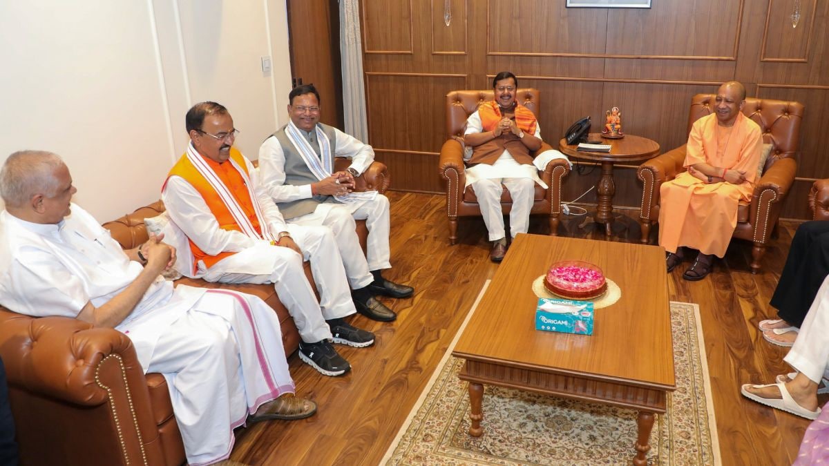 Uttar Pradesh Chief Minister Yogi Adityanath along with state Deputy Chief Minister Keshav Prasad Maurya, BJP National President Nitin Nabin and others at the residence of state Deputy Chief Minister Brajesh Pathak, in Lucknow | PTI 