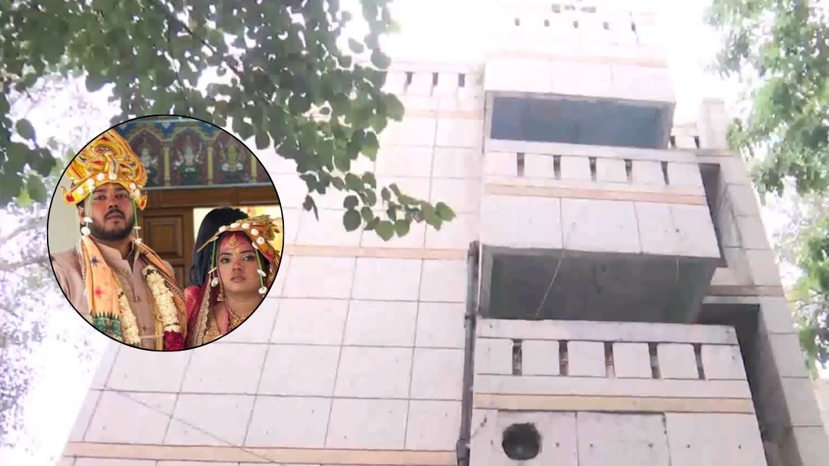 The building in Delhi's Lodhi Colony from where newlywed Akriti Sutar (inset) fell to her death on July 4, 2026 | X, ANI
