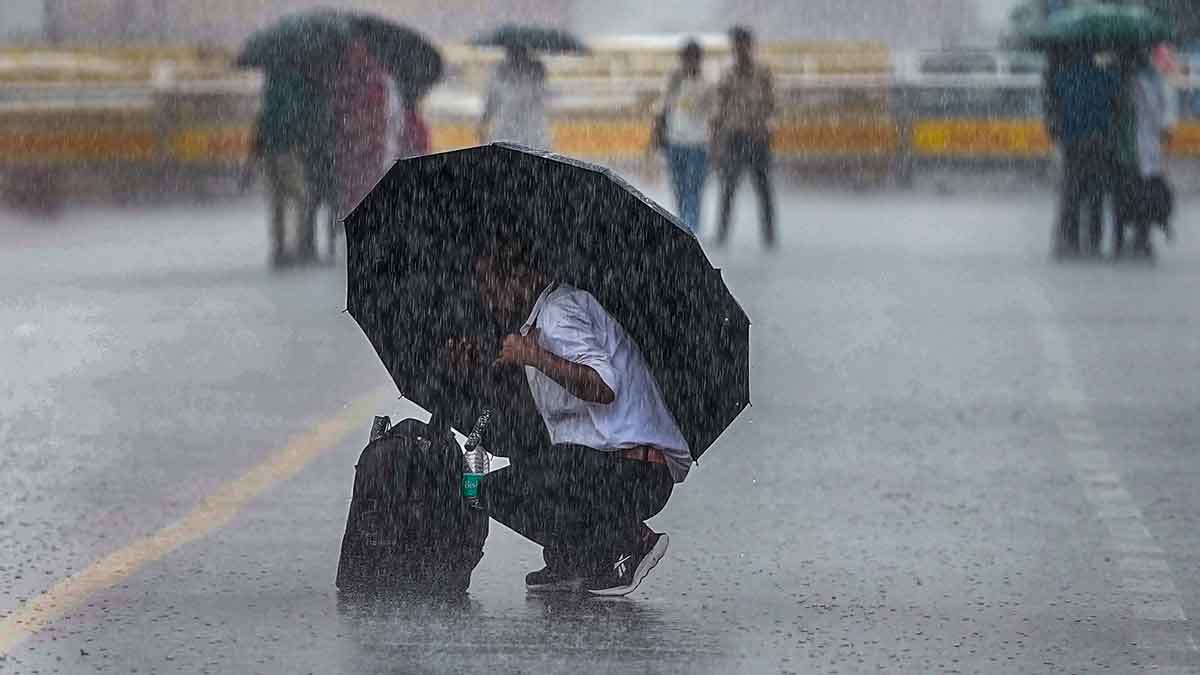 A man covers his belongings amid rainfall at the Kartavya Path in New Delhi | PTI