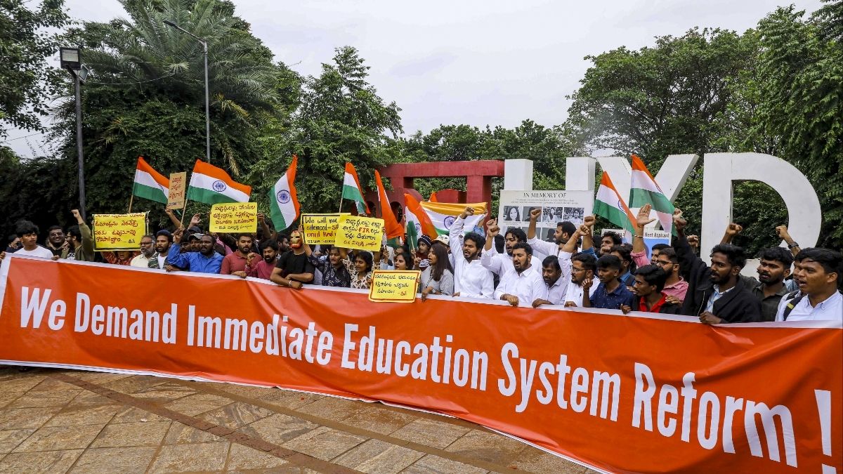 FILE: Students holding a banner and placards take part in a march celebrating the victory of student protest across the nation over the NEET paper leak issue, in Hyderabad, Telangana on July 29, 2026 | PTI