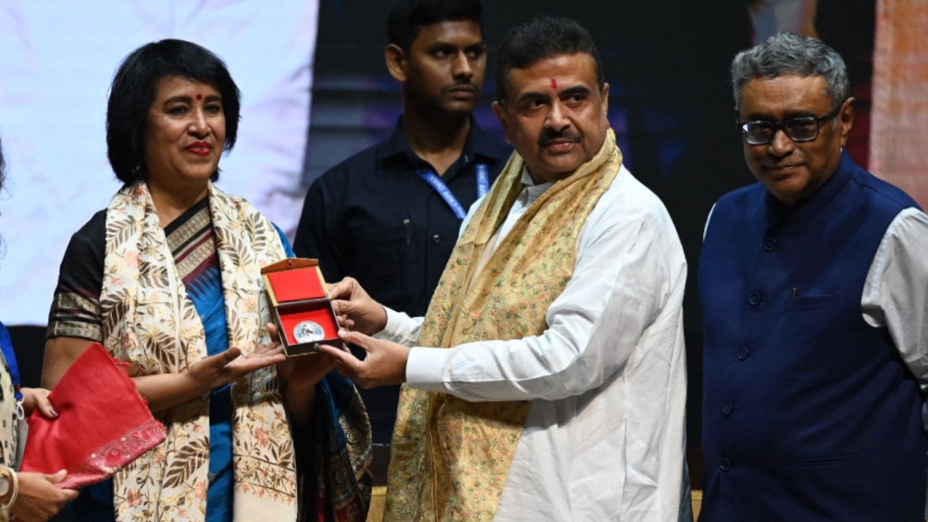 West Bengal Chief Minister Suvendu Adhikari felicitates Bangladeshi writer Taslima Nasrin at a literary event on anti-fundamentalism at Rabindra Sadan in Kolkata on August 1, 2026 | Salil Bera