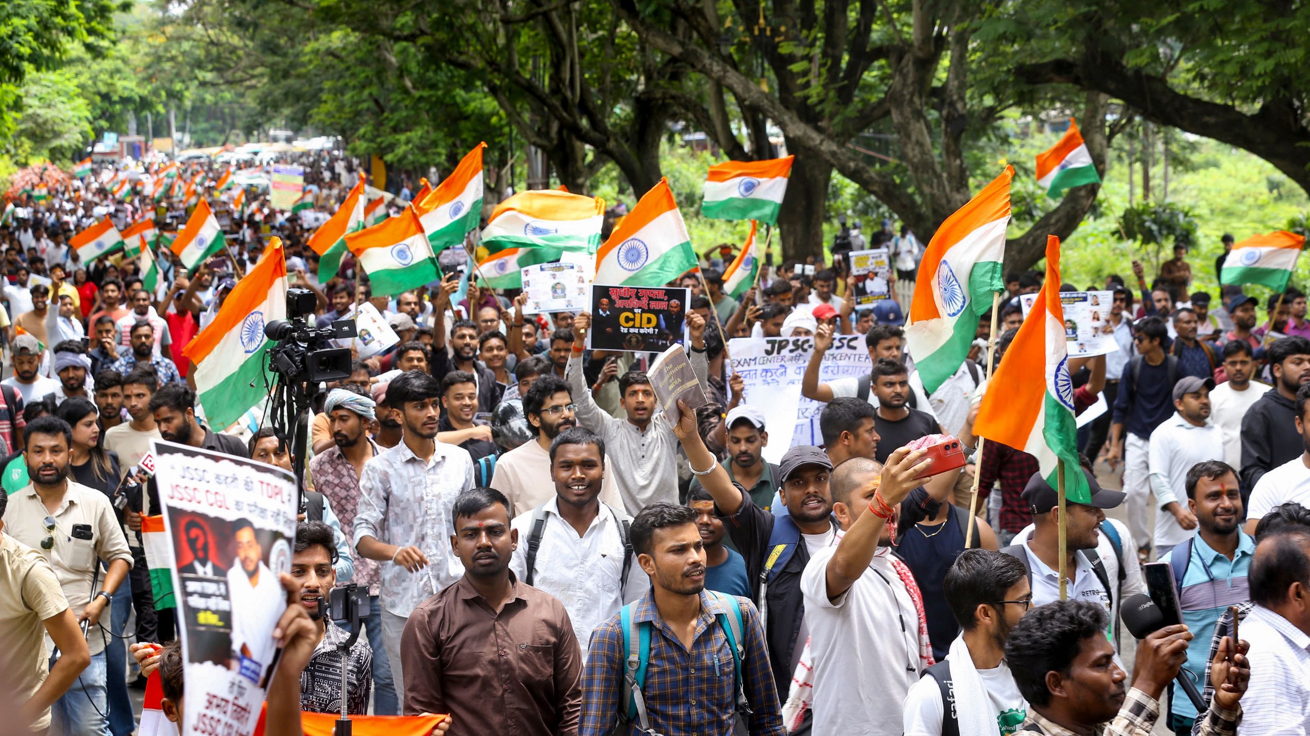 Students and aspirants take part in a march towards Jharkhand Assembly as they stage a protest against the alleged JPSC-JSSC examination irregularities, in Ranchi | PTI