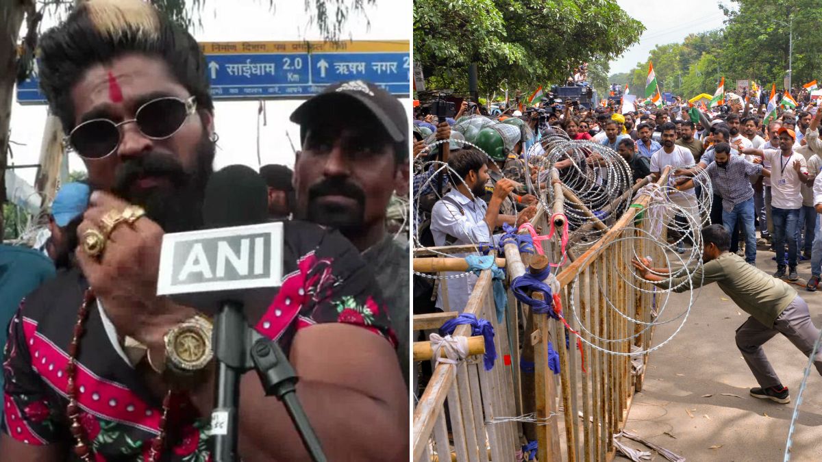 A Maharashtra man dressed up as Telugu film character 'Pushpa' (L) at the Jharkhand student protests (R) | ANI, PTI