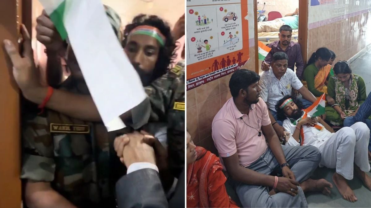 Jharkhand student activist Devendra Nath Mahto being held back from joining the Tiranga Yatra on Independence Day (L) and a peaceful protest at the Sadar Hospital by sitting down outside his room (R) | X/@DevendraNathMa9