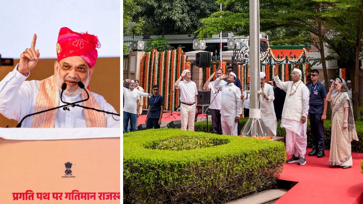 Amit Shah. (Right) Congress leaders Sonia Gandhi and Mallikarjun Kharge at the Independence Day celebration at the AICC headquarters, in New Delhi | X 
