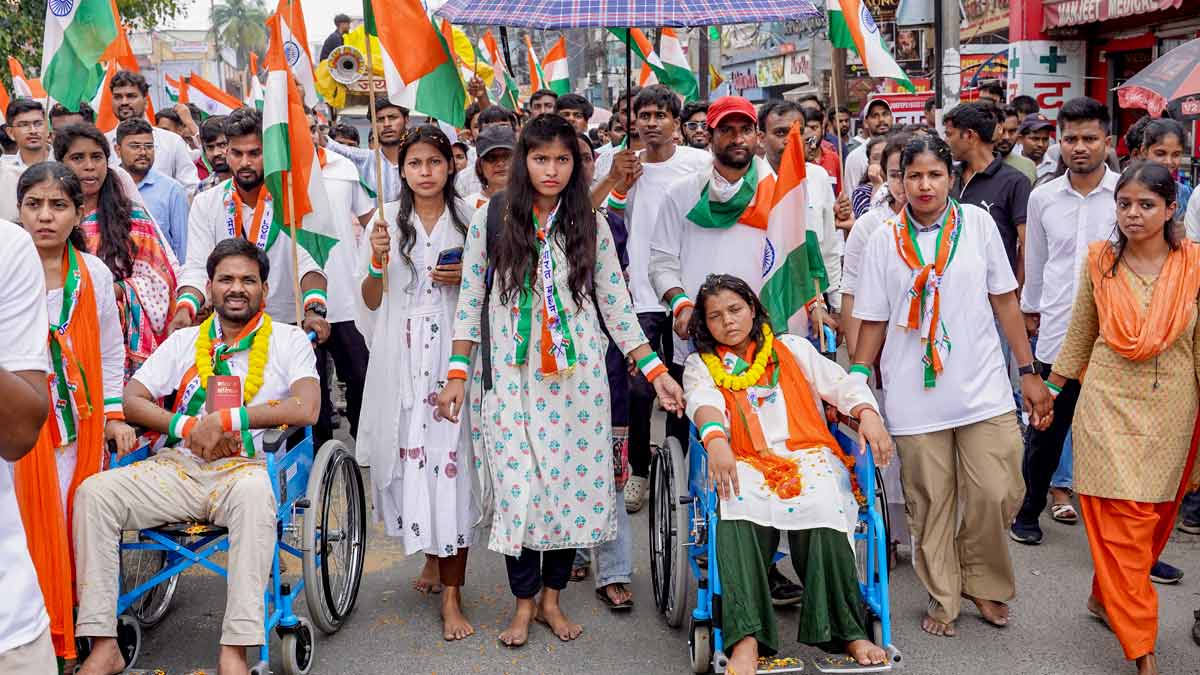 Specially-abled job aspirants in wheelchairs lead a 'Tiranga Yatra' procession taken out by students and job seekers under the banner of JPSC-JSSC Reforms Manch in Ranchi | PTI