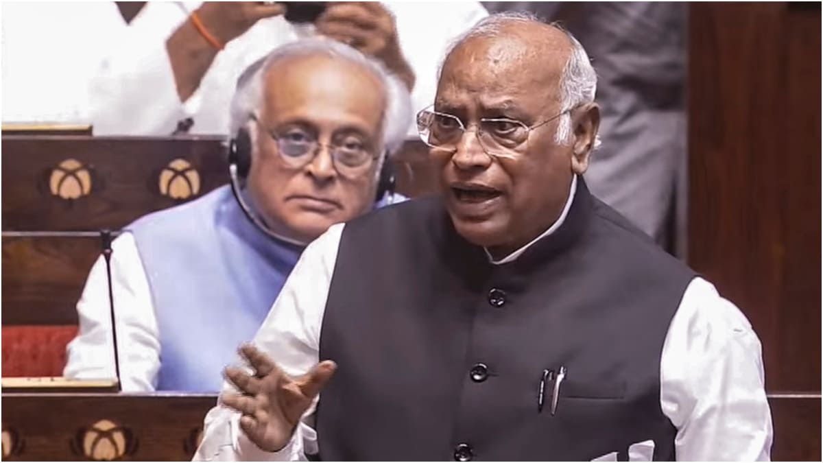 Congress President Mallikarjun Kharge speaks in the Rajya Sabha during the Monsoon session of Parliament | PTI