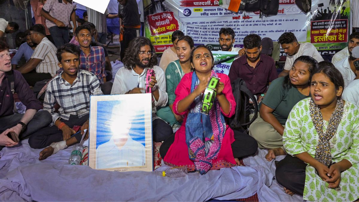 Students during a protest against the state government over the alleged JPSC-JSSC-CGL paper leak and exam irregularities, in Ranchi, Jharkhand, on August 17, 2026 | PTI