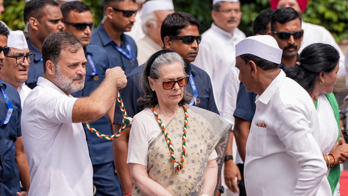 Leader of Opposition in the Lok Sabha Rahul Gandhi, Congress Parliamentary Party (CPP) Chairperson Sonia Gandhi and others during the 80th Independence Day celebrations at the AICC headquarters | PTI