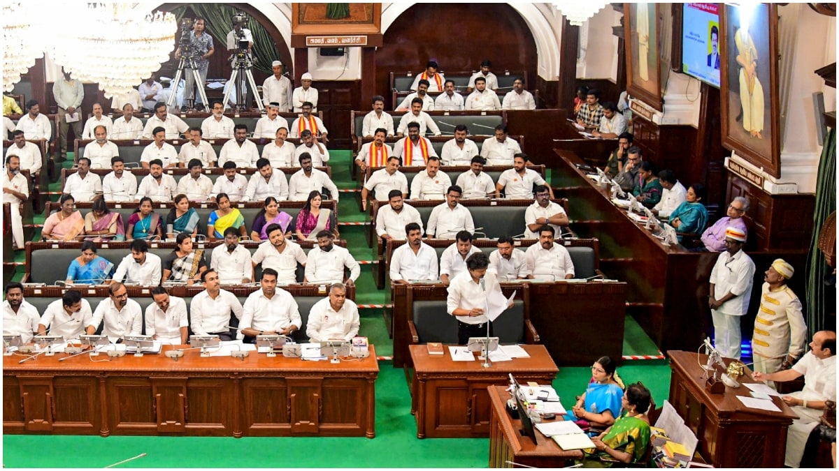 Tamil Nadu Assembly Speaker JCD Prabhakar looks on, as state Chief Minister Joseph Vijay speaks during the state Assembly session | PTI