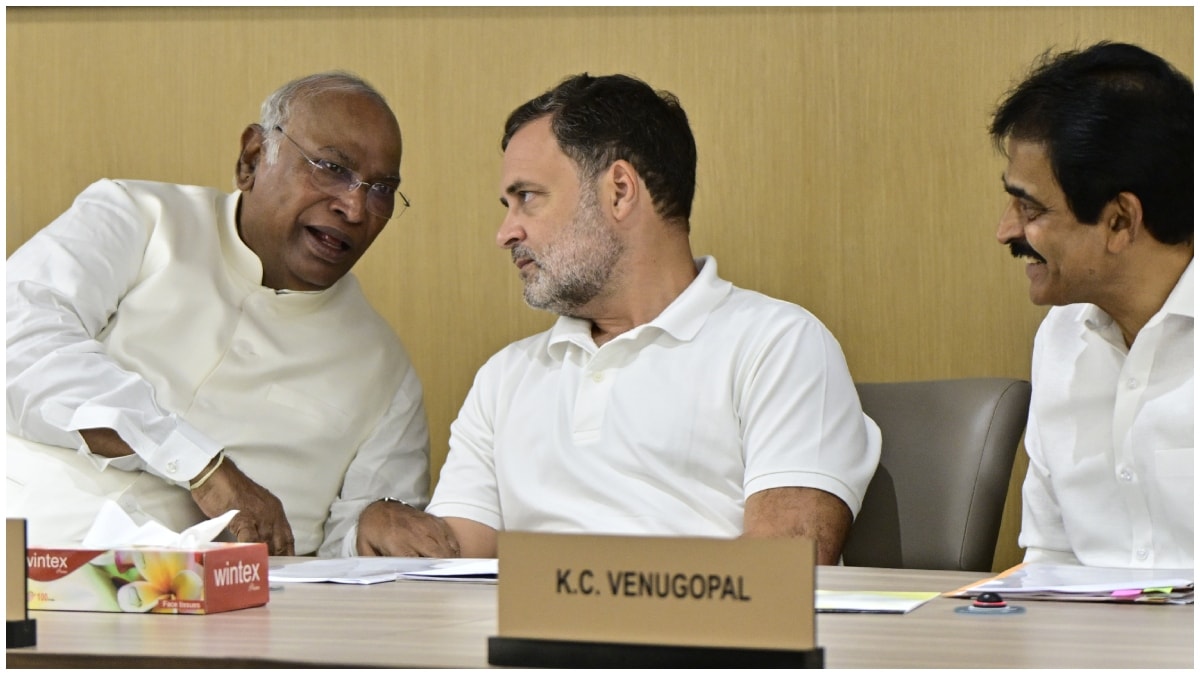 Congress general secretary (Organisation) KC Venugopal, Leader of the Opposition in the Lok Sabha Rahul Gandhi and Congress President Mallikarjun Kharge during the Congress Working Committee (CWC) meeting at the AICC headquarters | Manorama
