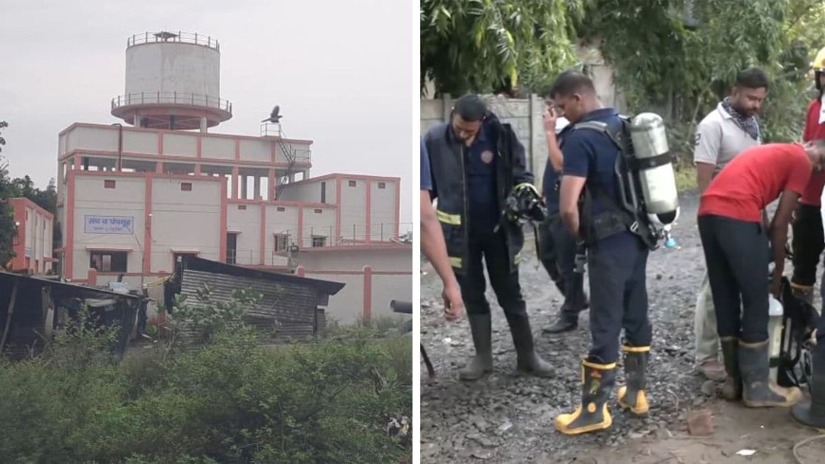(L) Image of Godhani water treatment plant, (R) emergency responders at the scene of the incident | X