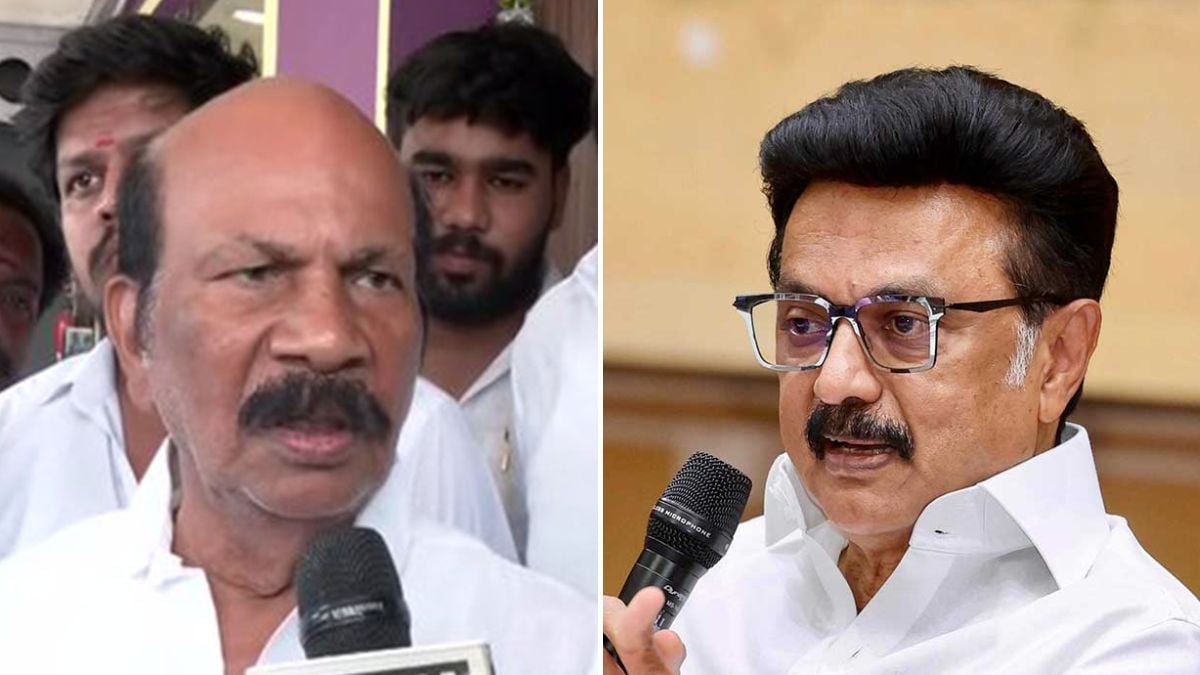 TVK MLA V.S. Babu (L), who won the Kolathur Assembly constituency in the 2026 polls, with former Tamil Nadu CM and DMK supremo M.K. Stalin (R) coming in second | ANI