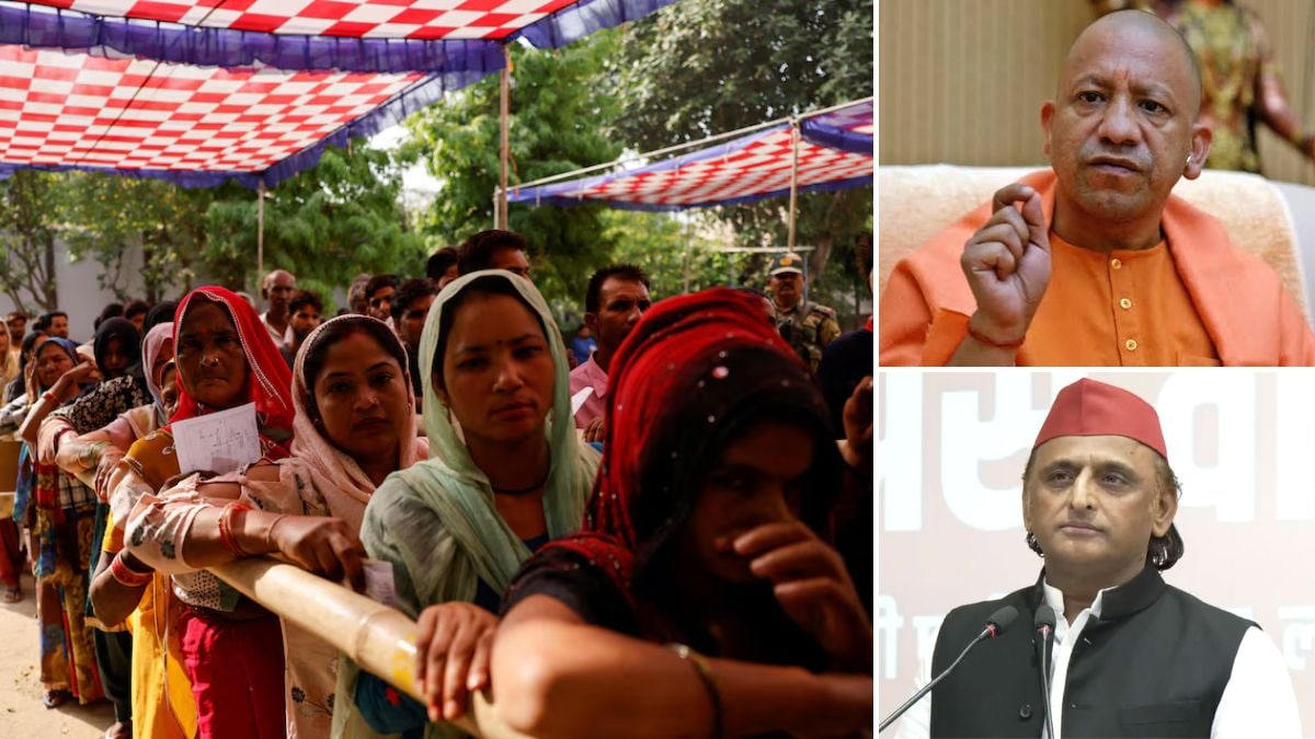 (Clockwise from left) Representative image of women voters lining up at a polling booth; Uttar Pradesh CM and BJP leader Yogi Adityanath; Samajwadi Party chief Akhilesh Yadav | Reuters, ANI