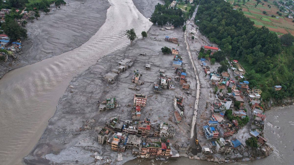A drone view of the aftermath of flash flooding at the confluence of the Trishuli and Tadi rivers in the Devighat area of Nuwakot district in Nepal on August 29, 2026 | AP