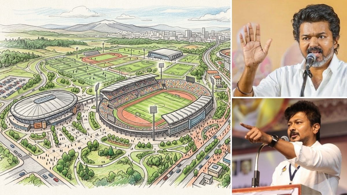 (Clockwise from left) An AI-generated representative image of a sports city; Tamil Nadu CM C. Joseph Vijay, and TN Assembly Opposition leader Udhayanidhi Stalin | THE WEEK, ANI, PTI
